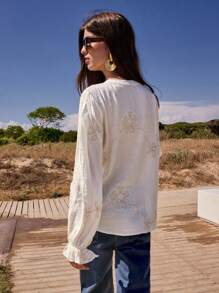 Maija Cravată cu ciucuri, decolteu rotund, textură de flori mari, brodată cu caisă, cu șnur, decolteu frontal, cu mânecă tip felinar lejeră, volane, cămașă de plajă în stil boem de toamnă pentru femei - Caisă - Vizualizare 6