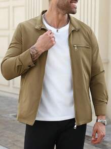 Manfinity Homme Men's Plus Size Zip Up High Neck Khaki Jacket,Autumn Casual Work Basic Long Sleeve Baseball Jacket,Lightweight Outgoing Gift For Friends,Husband - Coffee Brown - View 3