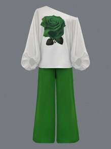 INAWLY 女士玫瑰花卉印花不对称领口灯笼袖上衣和裤子时尚两件套 - 綠色 - 查看 6