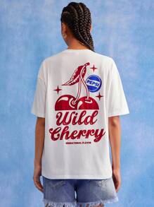 PEPSI X SHEIN 女款白色圆领短袖字母樱桃印花T恤 - 白色 - 查看 3