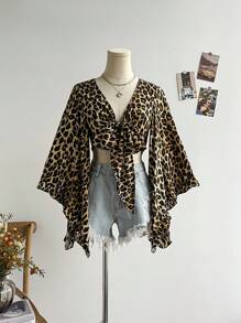 Soleia Áo sơ mi họa tiết da báo tay loe thắt nút hở phía trước cho kỳ nghỉ giản dị - Màu vàng - Xem 5