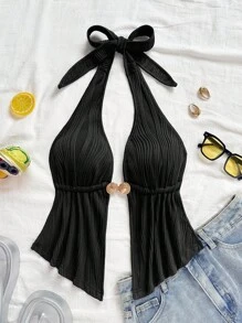 Soleia 度假风性感V领金属细节露背荷叶边吊带上衣，红色纹理面料，适合海滩、约会、假日、音乐节等场合，波西米亚风夏季沙滩上衣 - 黑色 - 查看 7