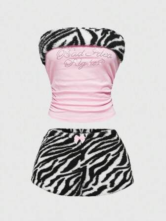 J-Fashion Conjunto de 2 piezas estilo Y2K para mujer, cómodo conjunto de top corto con estampado de cebra y corpiño adornado con diamantes de imitación y pantalones cortos.