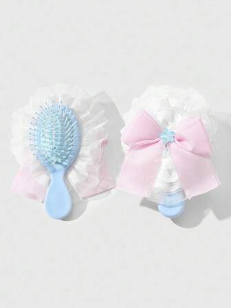 Kawaii 1pc Cute Cartoon Mini Delicate Fashion Pink & White Mesh Ribbon Bow Resin Glitter Star Massage Hair Comb, Suitable For Women/Girls Daily Use, Holiday Gift