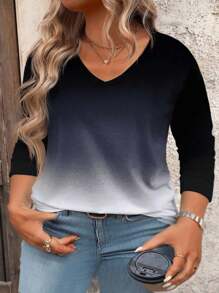 INAWLY Áo thun dệt kim mềm mại cổ chữ V dài tay in họa tiết ombre cỡ lớn dành cho nữ, áo thun họa tiết thu đông dành cho nữ mùa xuân - Nhiều màu - Xem 4