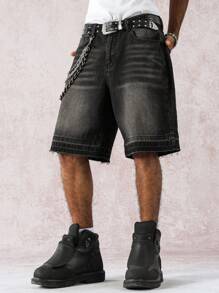 STEELVANCE 男士宽松阔腿休闲牛仔短裤，春夏休闲街头风格 - 黑色 - 查看 3