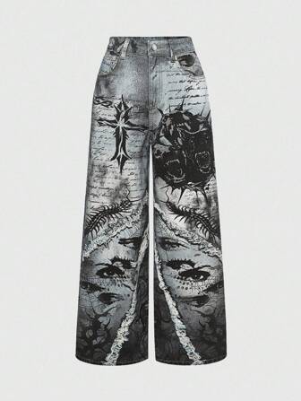 Grunge Punk Jeans de mujer de cintura baja estilo vintage punk Y2K con estampado de cruz con espinas y ojo gráfico