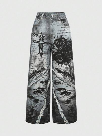 Grunge Punk Y2K Vintage Punk Egde Low Waist Women Jeans With Thorn Cross And Graphic Eye Print