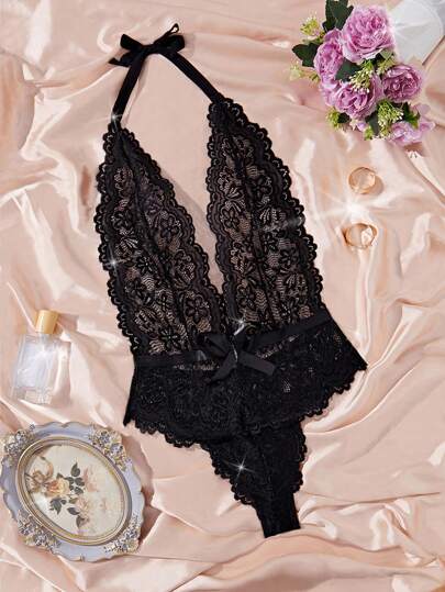 Seduluxe Bloemen Kanten Plunging Neck Bow Front Teddy Bodysuit Lingerie Tie, Baddie Look view 3