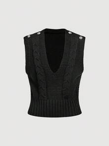 SHEIN MOD Women's Simple Casual Solid Color Button Decor Cable Knit V-Neck Sweater Vest In Fall/Winter