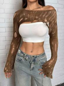 SHEIN EZwear Suéter de cuello de barco marrón desgastado de manga larga sexy para mujer