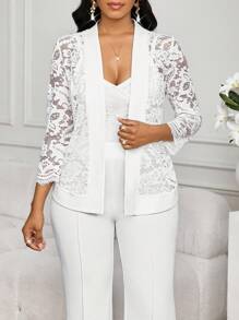 SHEIN Lady Traje de tres piezas compuesto por chaqueta de encaje blanco, camisola y pantalones de traje para mujer, ropa de trabajo, ropa casual de oficina para mujer, atuendo de oficina para mujer, conjunto todo blanco para fiesta para mujer, ropa de mujer, conjuntos casuales blancos para mujer en otoño/invierno
