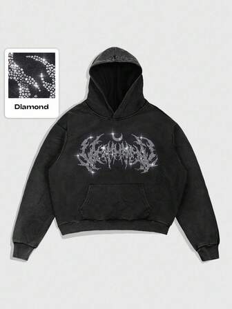 Street Life Men's Casual Daily Rhinestone Accent Pocket Flocked Hoodie Sweatshirt , Fall