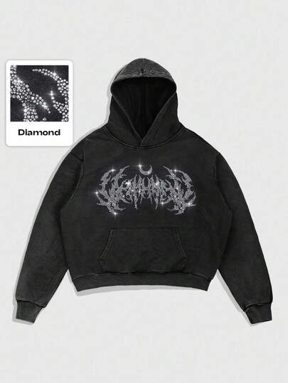 Street Life Men's Casual Daily Rhinestone Accent Pocket Flocked Hoodie Sweatshirt , Fall