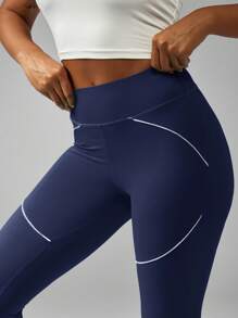 MISSGUIDED High Waist Compression Sports Leggings With Curved Panel Details Ultra Soft Performance Yoga Running Fitness Workout Pants - Navy Blue - View 4
