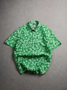 Manfinity Hypemode 男士休闲度假风格全花卉印花短袖衬衫，夏季 - 綠色 - 查看 8