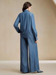 Anewsta 2pcs Vintage Style Long Sleeve Cardigan Shirt And Flared Leg Pants Set, Autumn - Blue - View 3