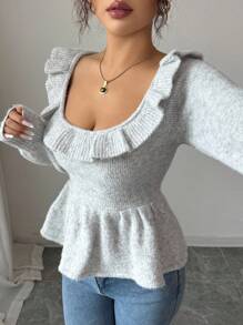 Selianne Women Solid Color Long Sleeve Ruffle Hem Fitted Sweater Fall Winter Cloth For Women - Grey - View 4