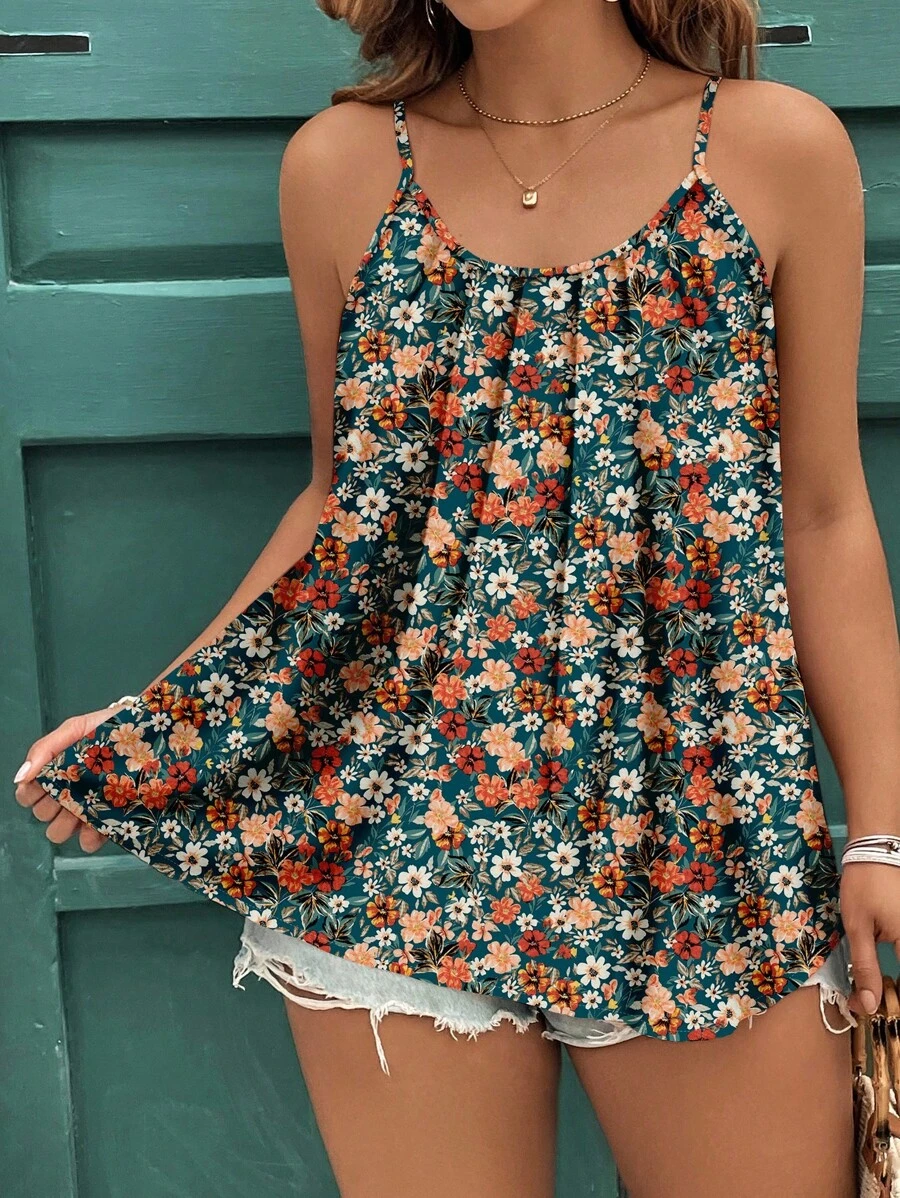 SHEIN Clasi 母亲节休闲复古碎花优雅大码吊带背心和背心，适合夏季海滩度假