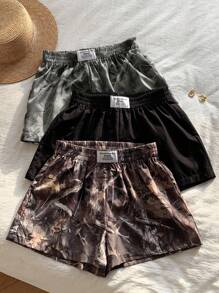 Comfortcana Bộ 3 quần short dáng rộng in họa tiết cành cây và màu trơn cho nữ - Xám - Xem 6