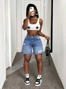 SHEIN SXY Plus Size Women Distressed Denim Skinny Sexy Shorts, Spring Spring Outfits For Women Festival Outfits Bermuda Shorts - Blue - View 6