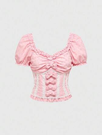 ROMWE EDITION Women's Retro Cottagecore Eyelet Embroidery Fabric Puff Sleeve Lace Patchwork Bow Tie Blouse
