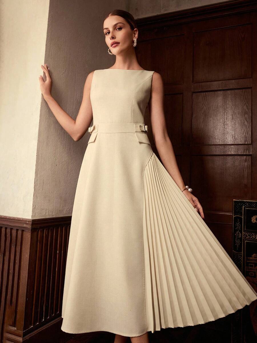 ZEYLAH Round Neck Sleeveless Pleated Patchwork Jacquard Elegant Dress - Apricot - View 1