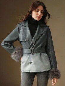 SHEIN X Jwoww Anewsta 灰色渐变拉链可拆卸兔毛领腰部收紧袖口皮夹克，适合秋季、冬季、外出、优雅、正式、派对、别致、新年、女士冬季外套、圣诞节、工作、毕业 - 灰色 - 查看 6