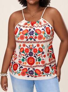 SHEIN LUNE Débardeur ample décontracté à imprimé de plantes tropicales pour femmes grandes tailles, pour tenue de vacances, de voyages, d'aéroport - Multicolore - Voir 4
