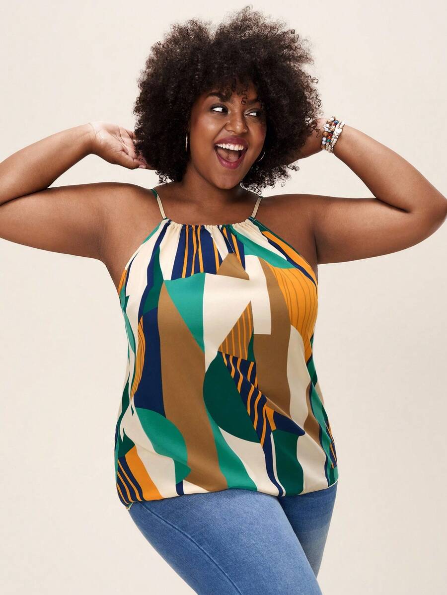 SHEIN LUNE Plus Size Minimalist Sleeveless Printed Top, Casual Everyday Wear Valentine Day Vacation Outfits Woman Summer Outfits For Women Going Out Tops Women,Business Casual Woman,Summer,Cute Shirts,Office - Multicolor - View 1