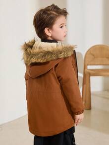 SHEIN Young Boy Casual Drawstring Waist Faux Fur Hooded Padded Parka Coat, Autumn/Winter Fall - Brown - View 9