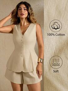 Flirla Bộ áo ba lỗ và quần short màu trơn thường ngày cỡ lớn mùa hè - Màu Khaki - Xem 1