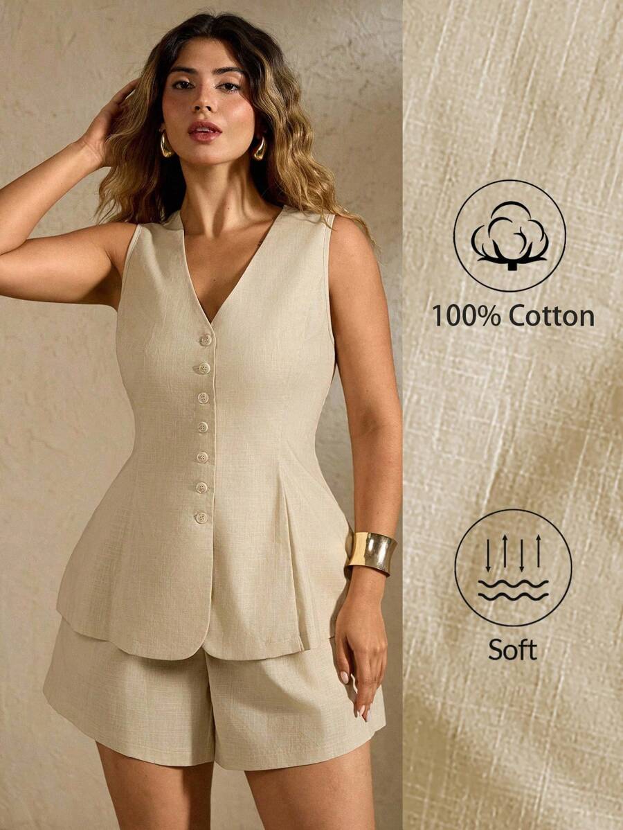 Flirla Bộ áo ba lỗ và quần short màu trơn thường ngày cỡ lớn mùa hè - Màu Khaki - Xem 1