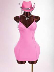 Amplova 金属链条装饰粉色 PU 抹胸紧身迷你连衣裙