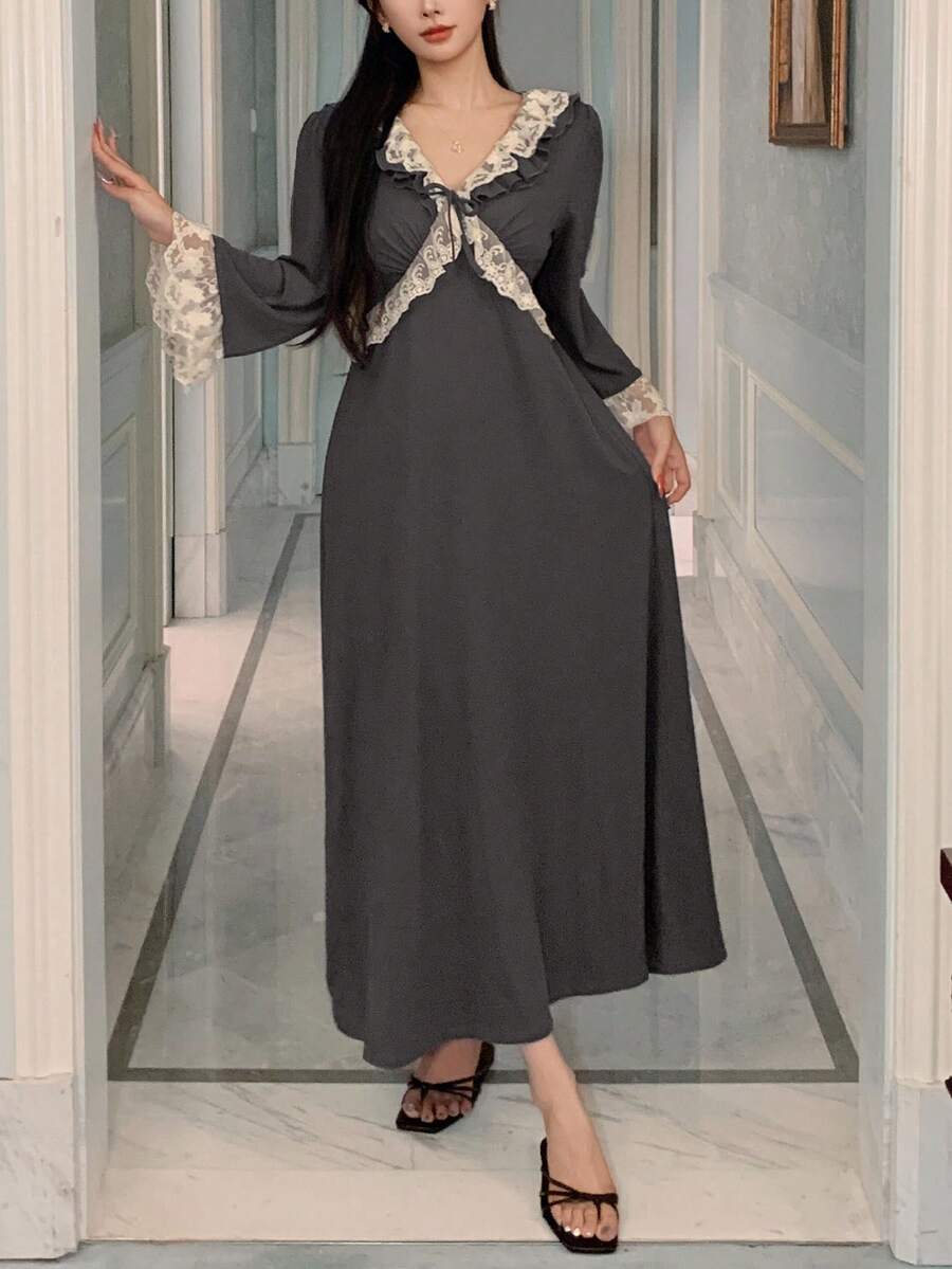 DAZY Romantic Ruffle Trim Waist Contrast Color Nightgown For Women, Fall Pajama