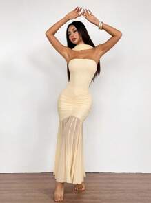 SHEIN PETITE Váy cưới mùa hè Fairycore cho nữ, váy đuôi cá hở vai, lưới đan màu trơn, váy tốt nghiệp màu trắng - Màu be - Xem 4