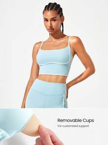 GLOWMODE FeatherFit™ 双色圆领长款运动内衣，低冲击瑜伽日常穿着 - 水藍色 - 查看 3