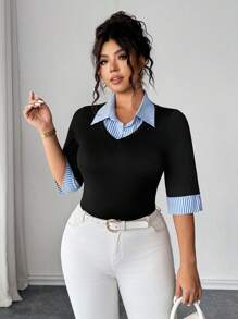 Elenzga 大码女式春夏拼色条纹二合一上衣