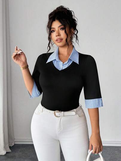 Elenzga 大码女式春夏拼色条纹二合一上衣