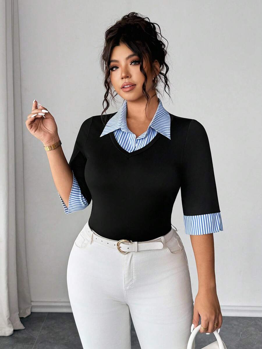 Elenzga 大码女式春夏拼色条纹二合一上衣