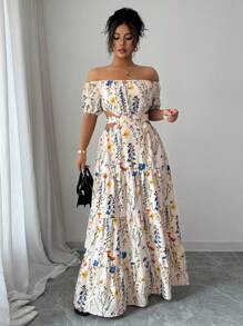 Elenzga Đầm trễ vai chéo lưng cỡ lớn cho nữ, thanh lịch - Màu be - Xem 3