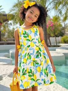 SHEIN Explorewe Young Girl Cute Floral 3D Decor Sleeveless Dress, Girls Tailored 3D Cut Design Fit For Summer Casual, Garden, School Wear Girls Lemon Dress Little Girls Lemon Dress Yellow Girls Dress Girls Bow Dress Lemon Print Dress Girls Girls Lemon Print Dress Yellow Lemon Print Dress - Yellow - View 7