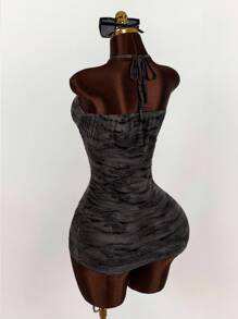Amplova Vintage Wild Street Runway Tiger Print Halter Bodycon Mini Dress, Summer Black Bodycon Mini Dress