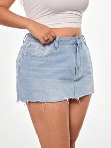 SHEIN EZwear 大码女式牛仔迷你裙，春夏 - 藍色 - 查看 5