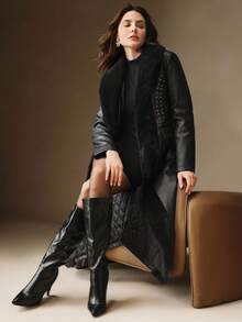 Anewsta جاكيت جلد ناعم أسود مربوط الخصر بياقة فرائية، ملابس خارجية قصيرة عصرية للخريف/الشتاء - الأسود - مشاهدة 7