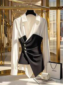 GlowEve Women's Two-Tone Pleated Waist Asymmetrical Hem Office/Commute Blouse, Spring & Autumn Fall Cloth For Women - Black and White - View 1