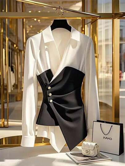 GlowEve Women's Two-Tone Pleated Waist Asymmetrical Hem Office/Commute Blouse, Spring & Autumn Fall Cloth For Women