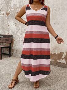 SHEIN PETITE 女式大码休闲条纹连衣裙，春夏