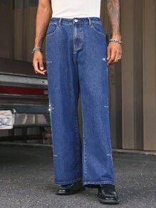 AXEPEAK Men's Long Straight Leg Rhinestone Embellished Jeans - Blue - View 4