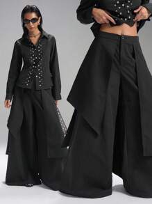 SHEIN EZwear 秋冬大码女式纯色拼接设计宽腿宽松裤 - 黑色 - 查看 1